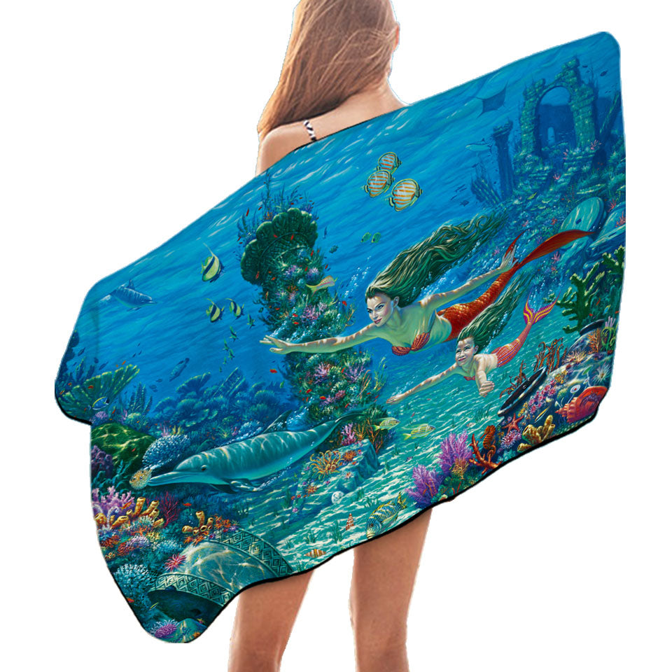 The Swimming Lesson Mermaids Underwater Beach Towels