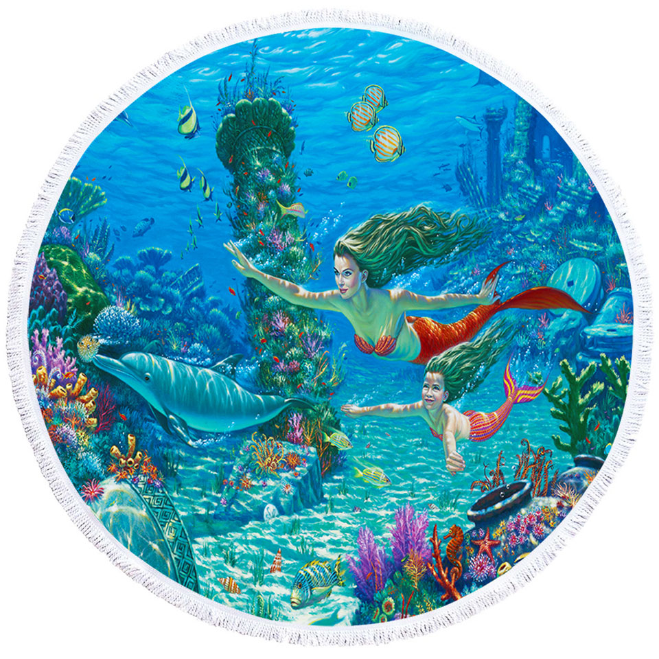 The Swimming Lesson Mermaids Underwater Circle Beach Towel