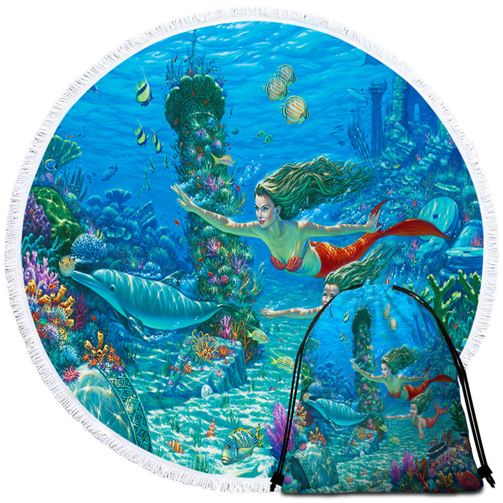 The Swimming Lesson Mermaids Underwater Round Beach Towel