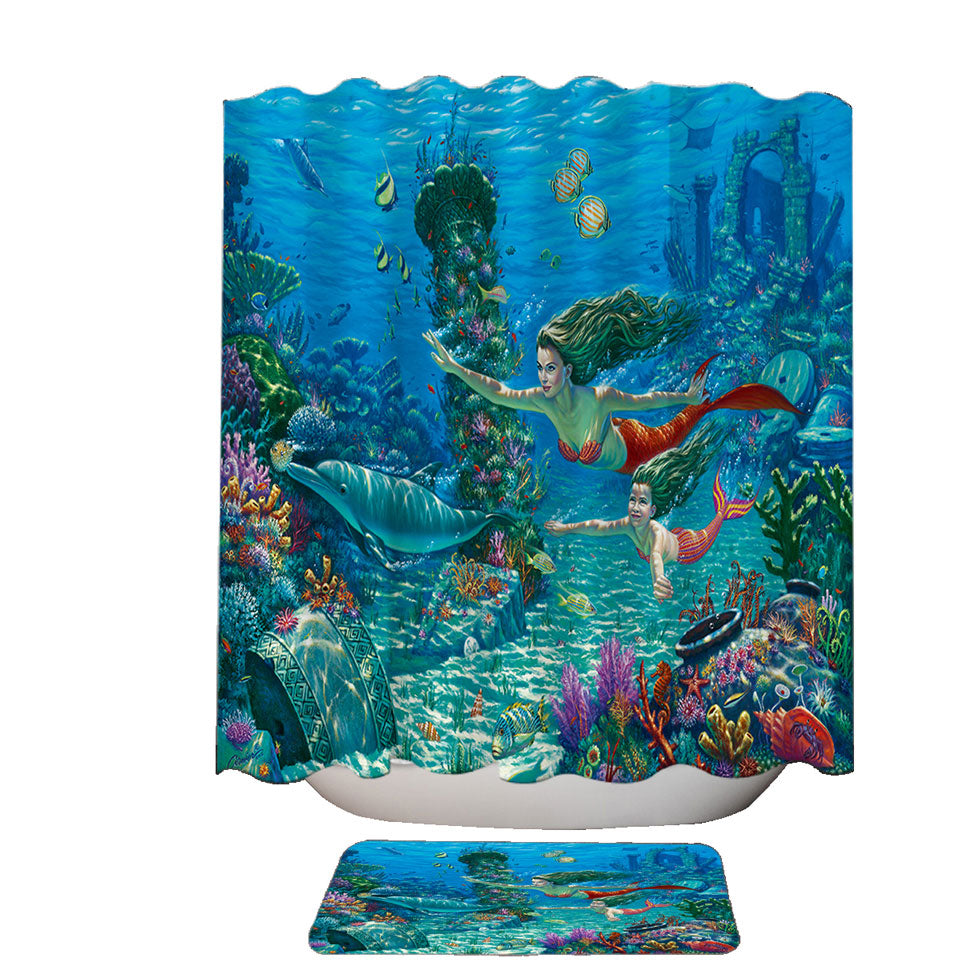 The Swimming Lesson Mermaids Underwater Shower Curtains and Bathroom Rugs
