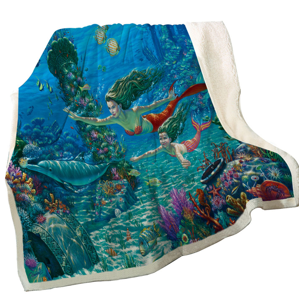 The Swimming Lesson Mermaids Underwater Throw Blanket