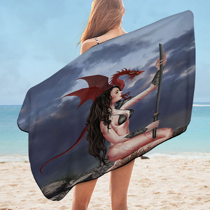 The Sword Sexy Microfiber Beach Towel Fantasy Art Dragon Girl