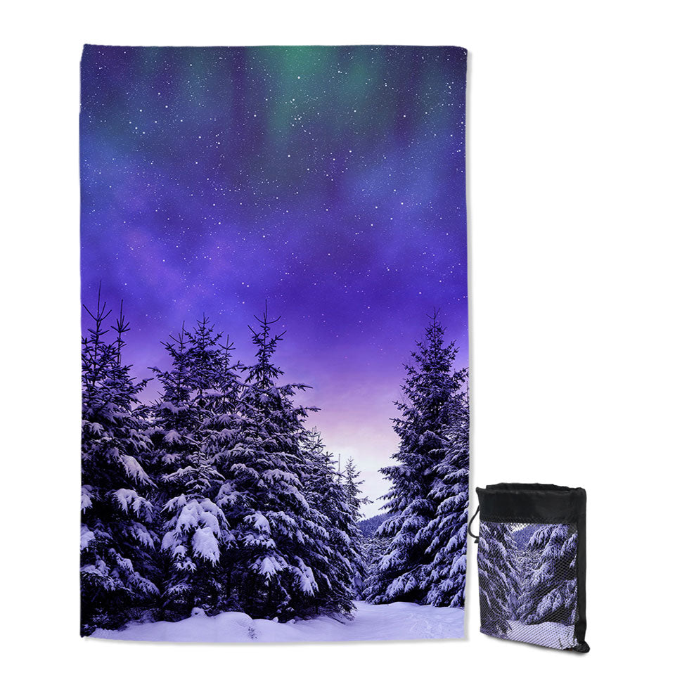 Thin Beach Towels Feature Bright Winter Night in the Snowy Forest