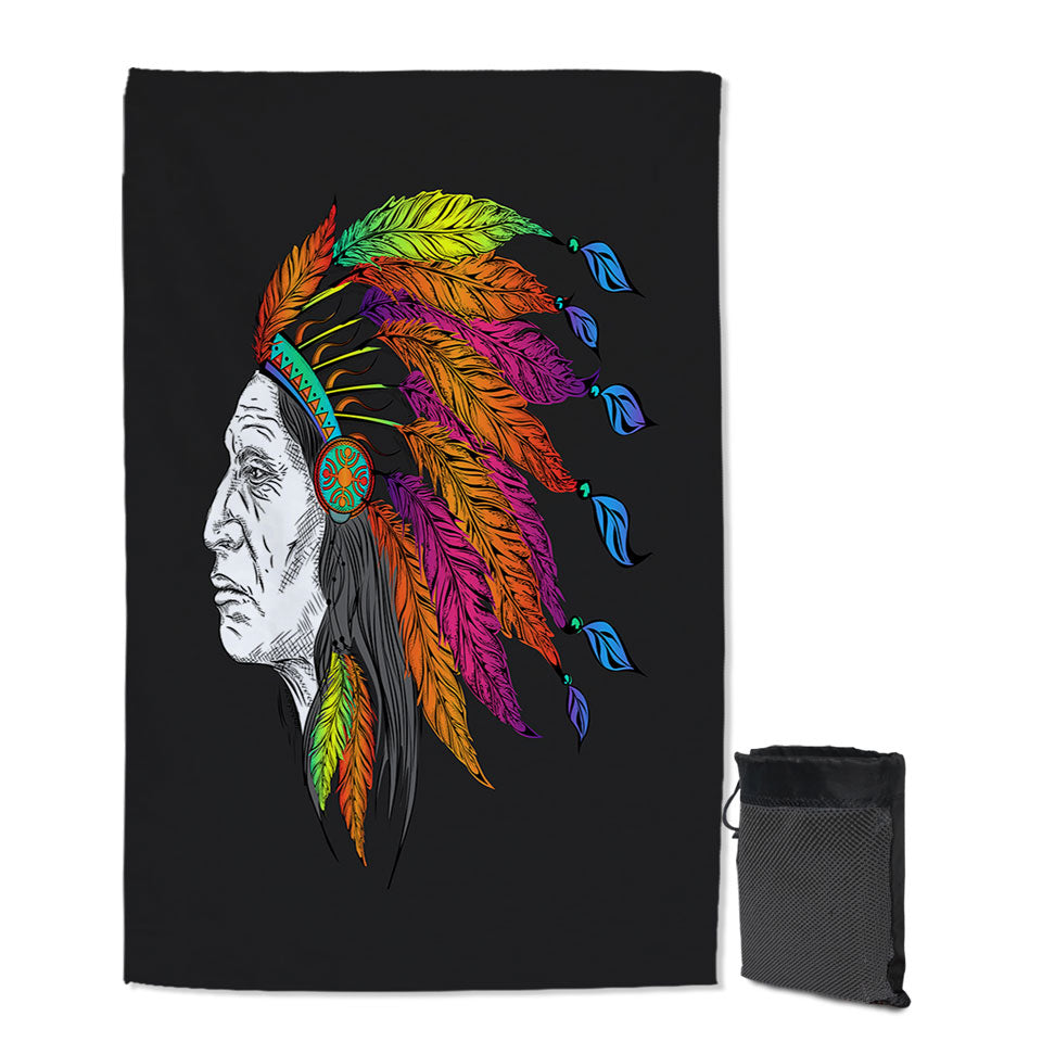 Thin Beach Towels of Colorful Feathers on a Tough Native American Chief