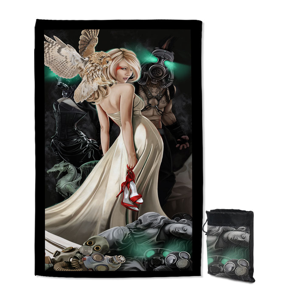 Thin Beach Towels with Fiction Art Beautiful Blond Girl and Owl