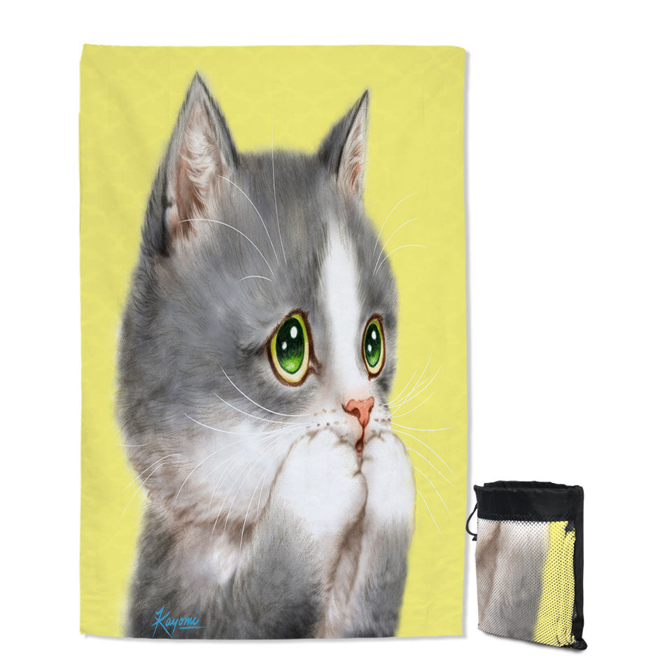 Thin Beach Towles with Cat Prints Adorable Grey Kitten over Yellow