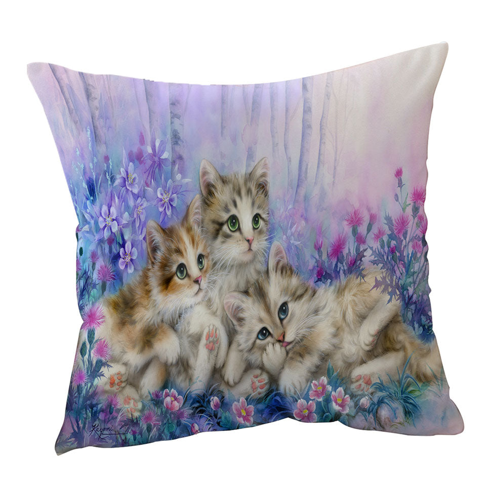 Three Little Kittens in the Flower Garden Cushions and Throw Pillows