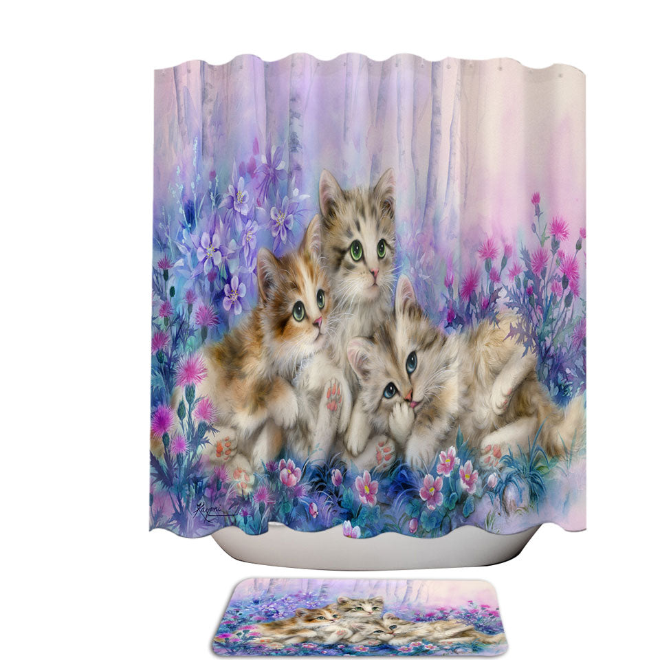 Three Little Kittens in the Flower Garden Fabric Shower Curtains