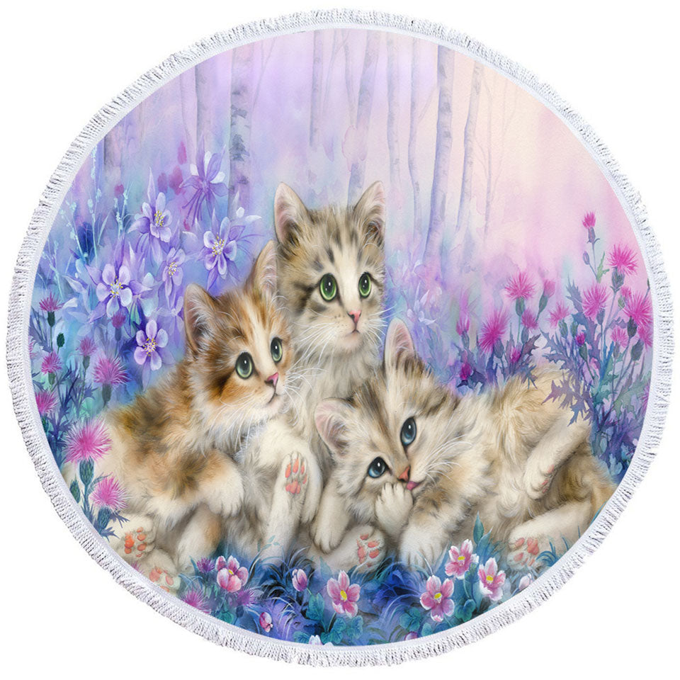Three Little Kittens in the Flower Garden Round Beach Towel