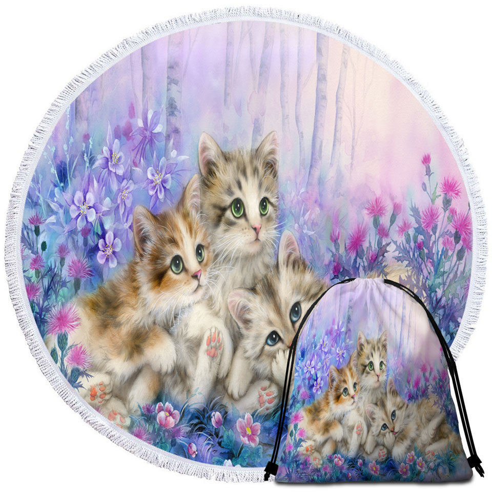 Three Little Kittens in the Flower Garden Round Towels and Bags