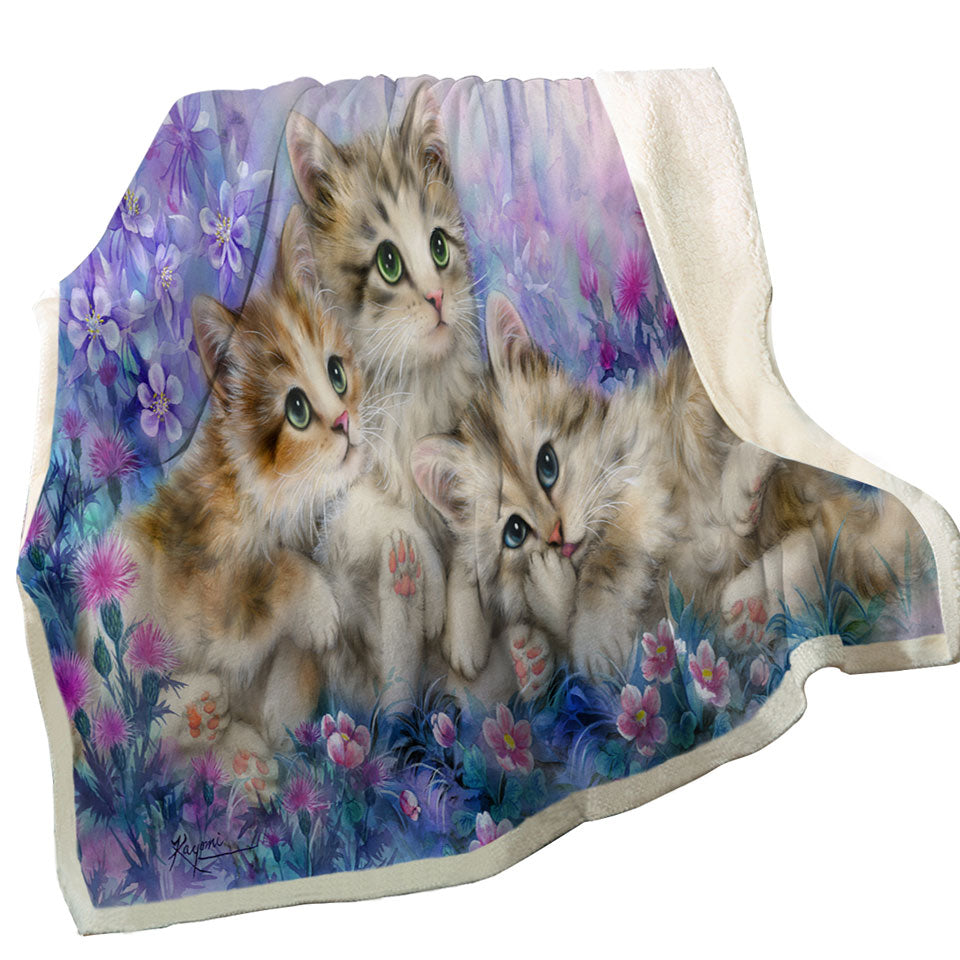 Three Little Kittens in the Flower Garden Sherpa Blanket