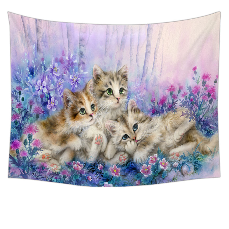 Three Little Kittens in the Flower Garden Tapestry Wall Hanging