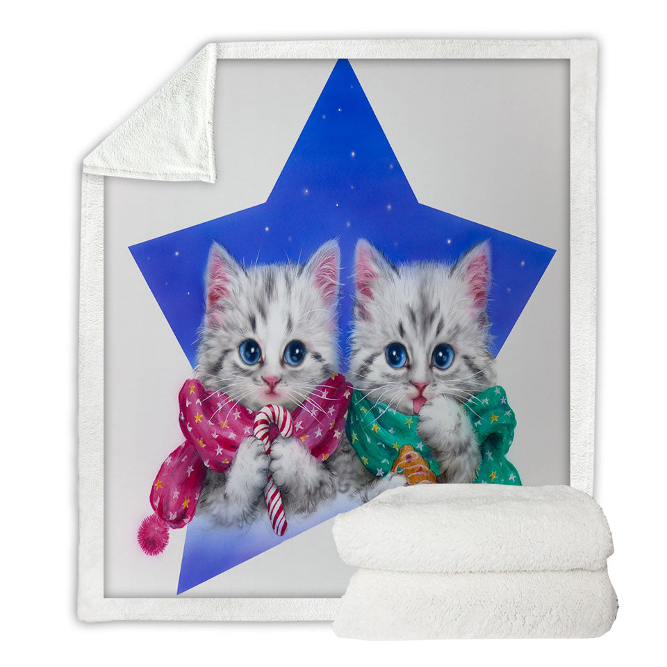 Throw Blanket Christmas Star with Two Cute Grey Kittens