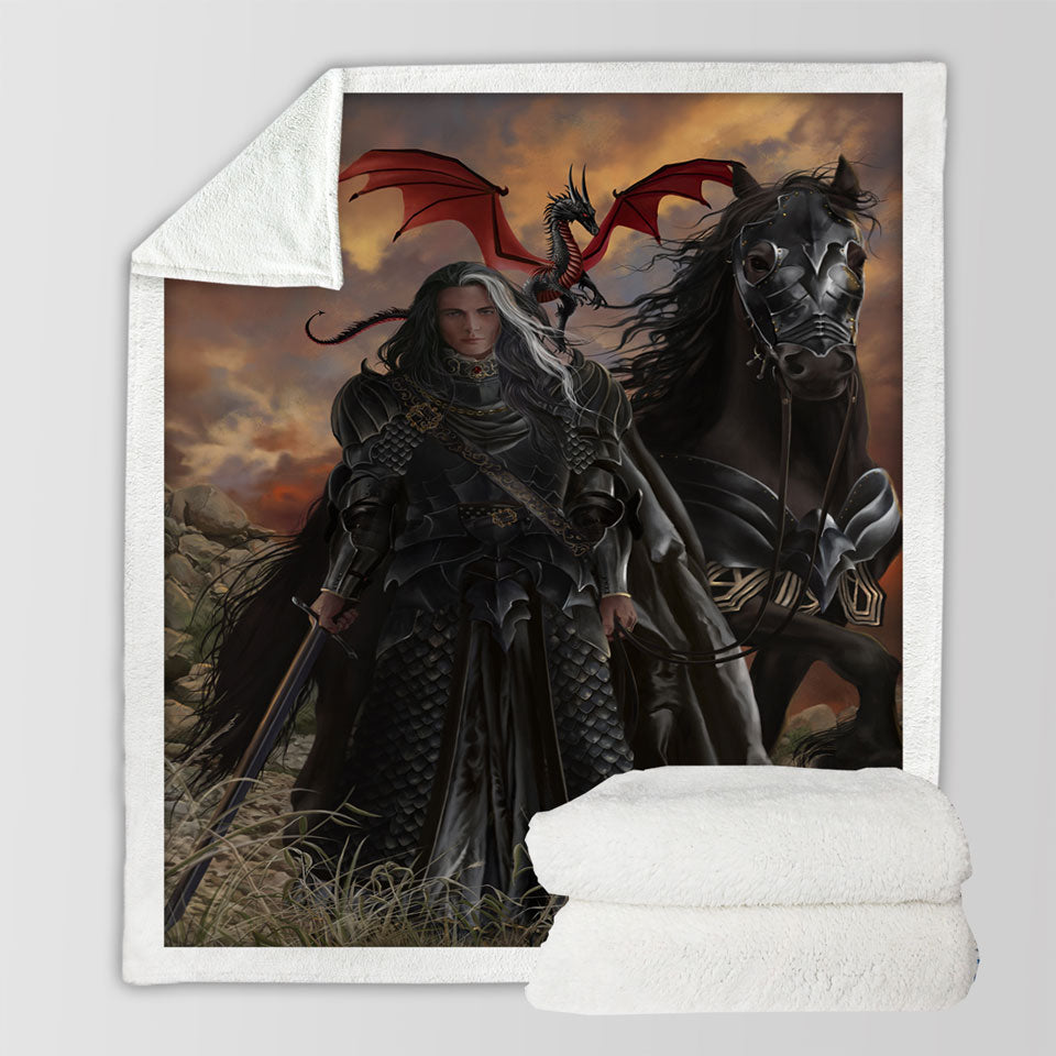 products/Throw-Blanket-with-Black-Knight-with-His-Horse-and-Dragon