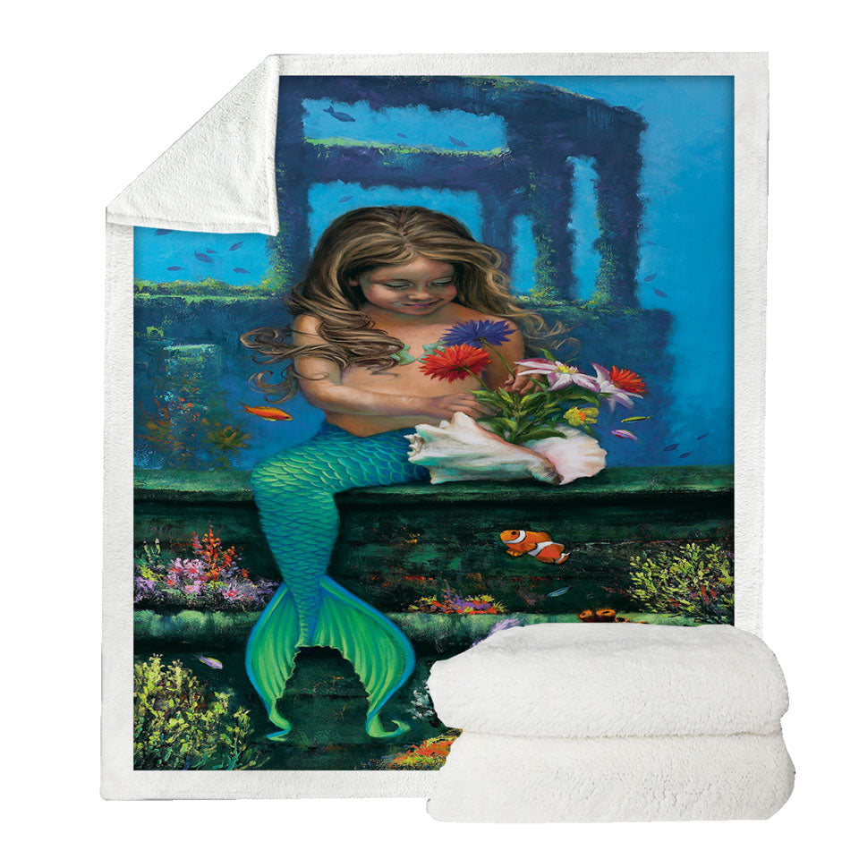 Throw Blanket with Cute Girl Mermaid and Underwater Flowers