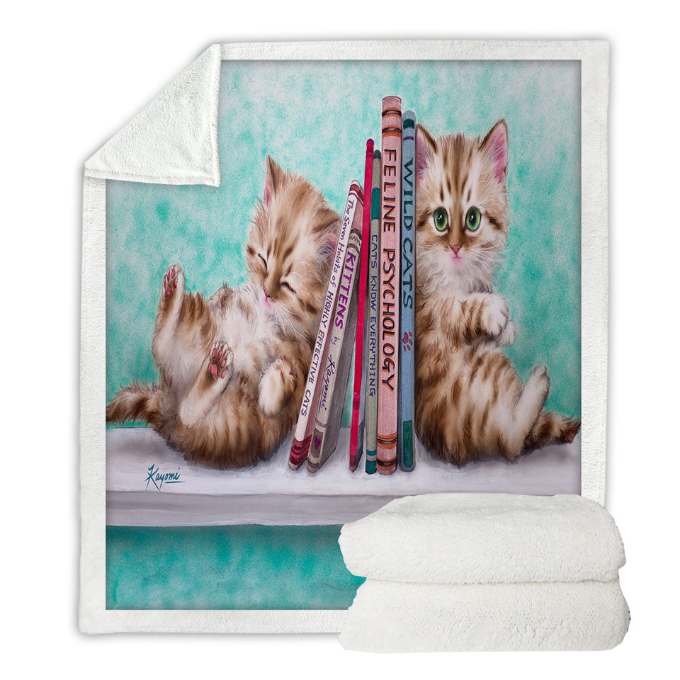 Throw Blanket with Funny Cute Cats Designs Books and Kittens