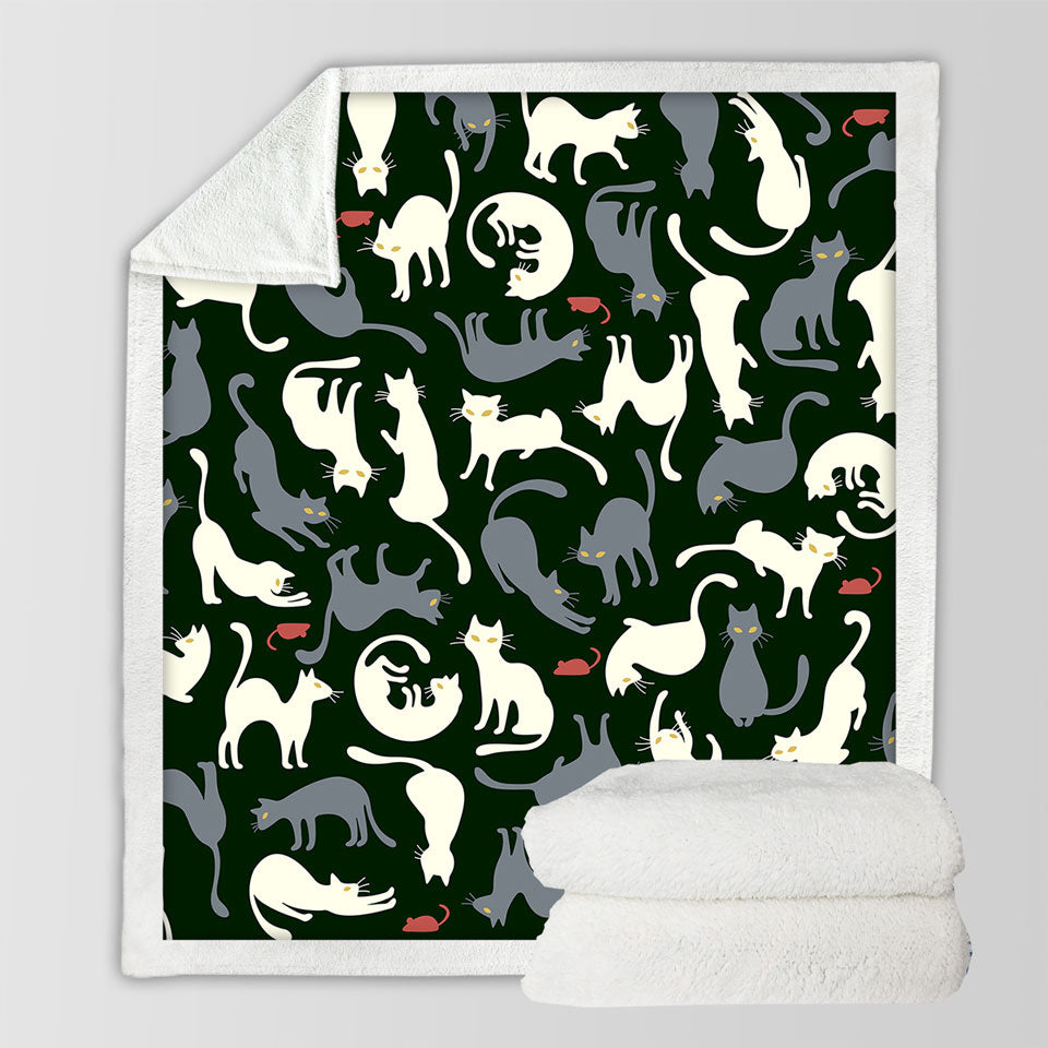 Throw Blanket with Red Mice and White Grey Cats
