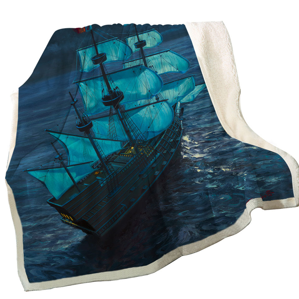 Throw Blanket with Sailing Ship Moonlight Voyage