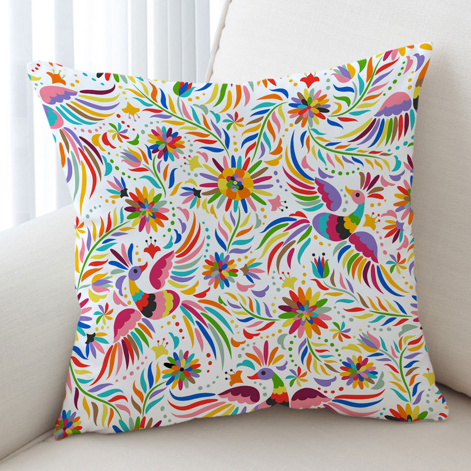 Throw Cushions with Colorful Birds and Flower Drawing