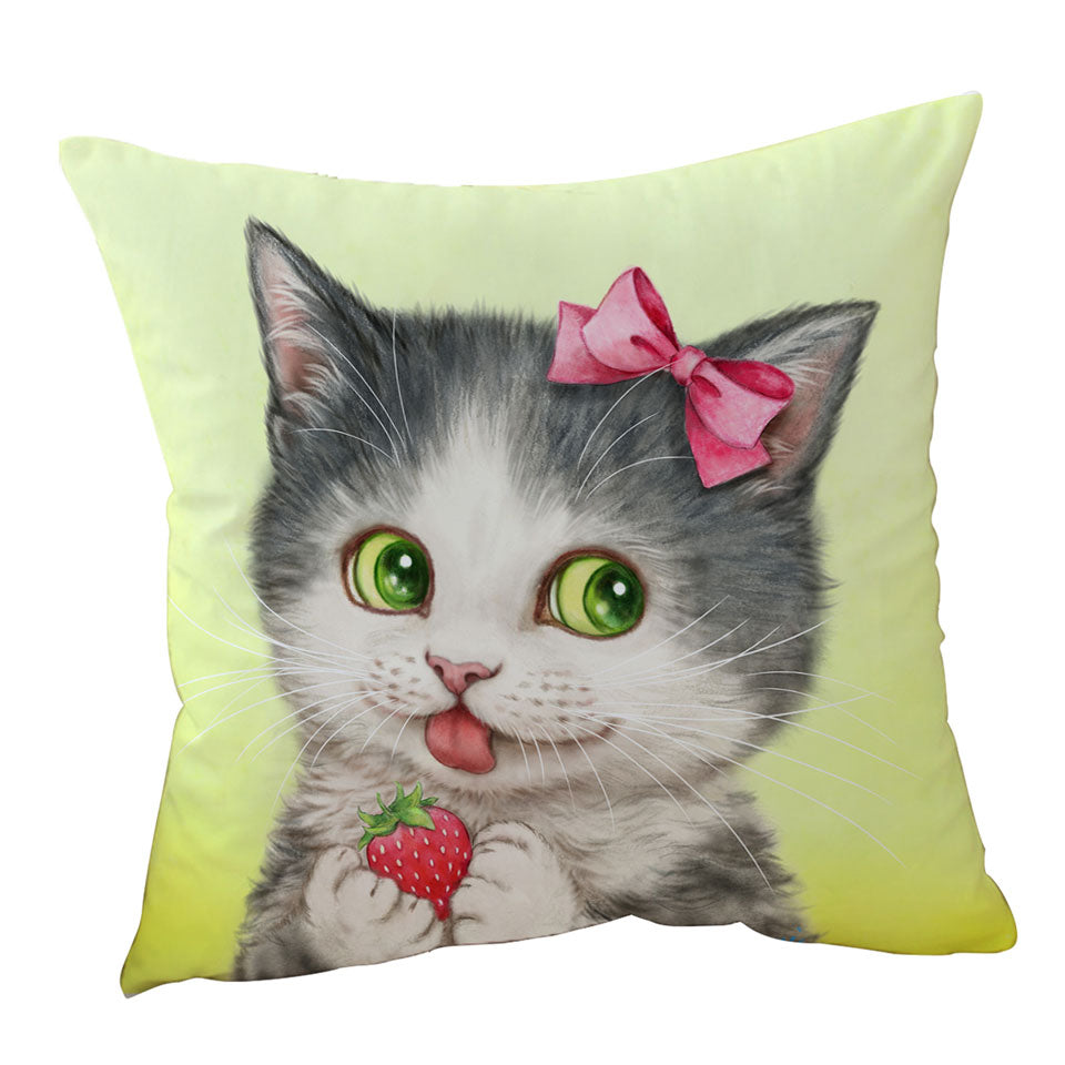 Throw Cushions with Cute Paintings Strawberry Love Girly Kitten