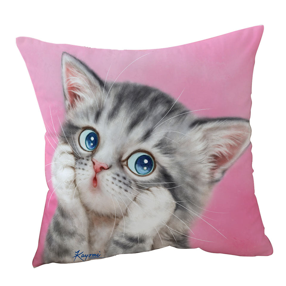 Throw Cushions with Designs for Kids Tabby Grey Kitty Cat over Pink
