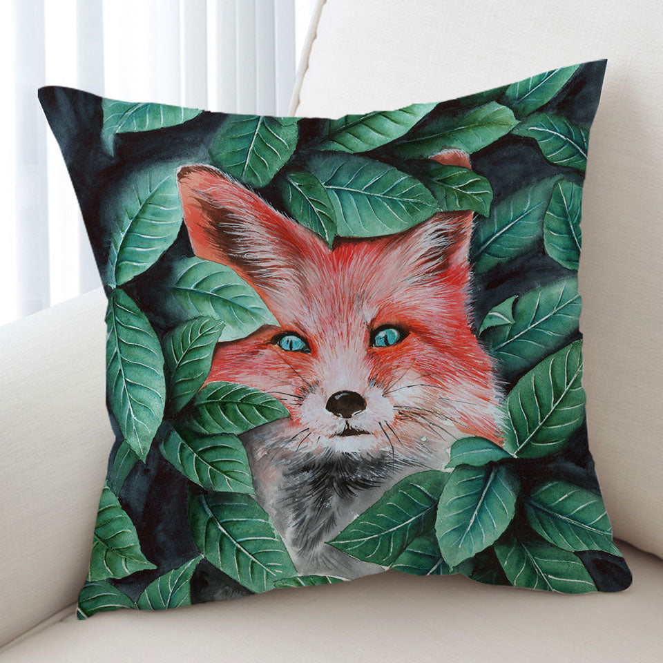 Throw Pillow Cover with Green Leaves and Cute Hidden Fox