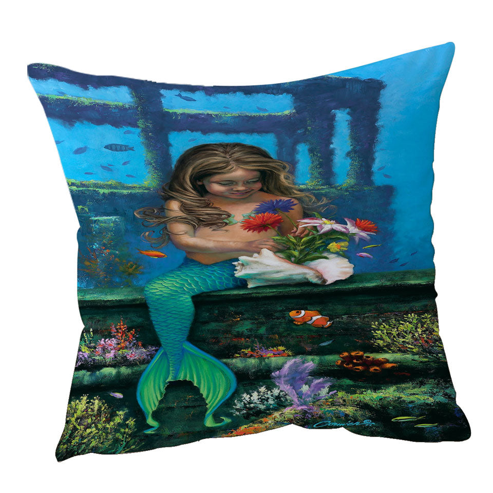 Throw Pillows with Cute Girl Mermaid and Underwater Flowers