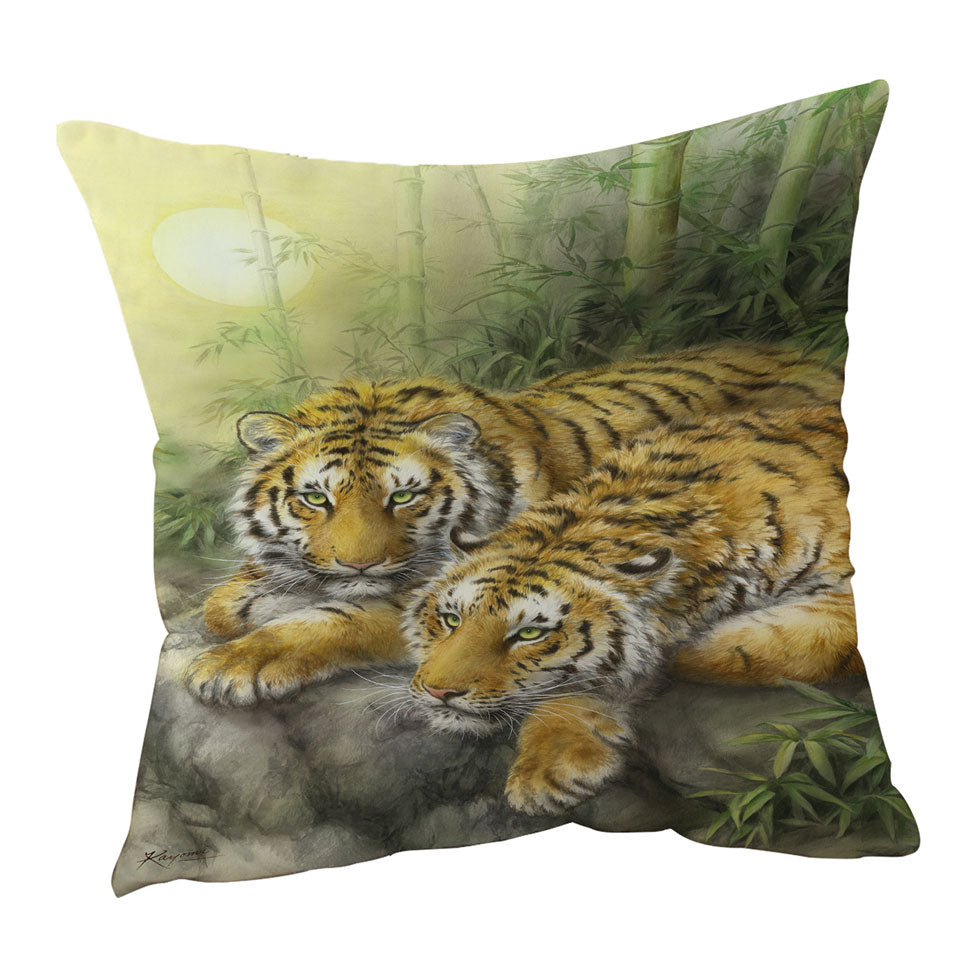 Throw Pillows with Wild Animals Art Tigers Forest Morning