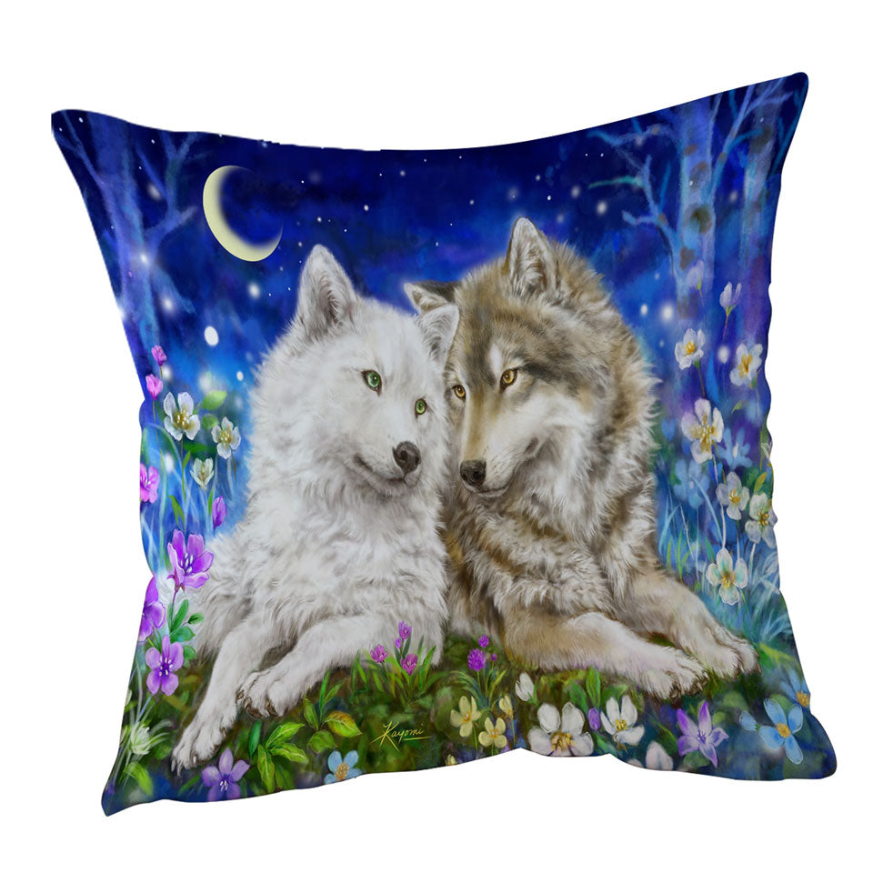 Throw Pillows with Wolves Art Design Flowers and Love at Night