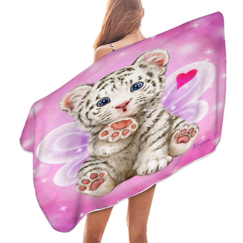 Throwing a Kiss Adorable White Tiger Cub Fairy Beach Towels