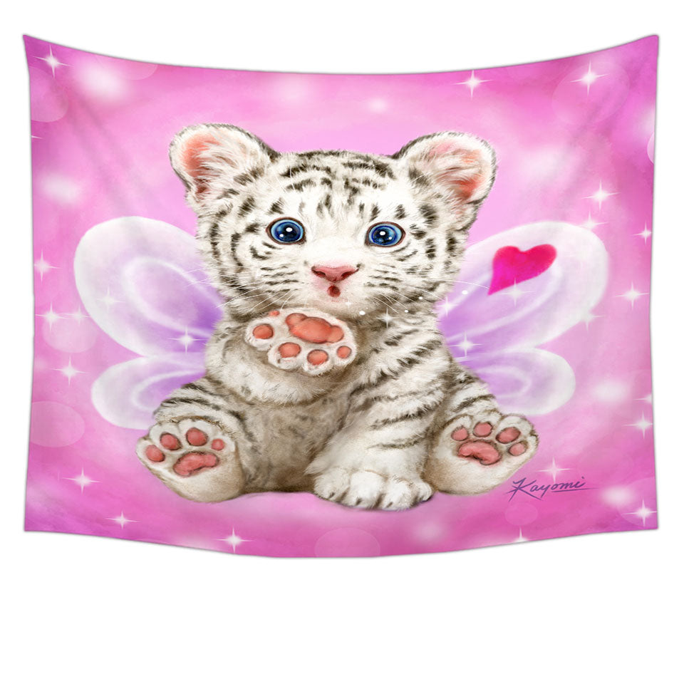 Throwing a Kiss Adorable White Tiger Cub Fairy Tapestry