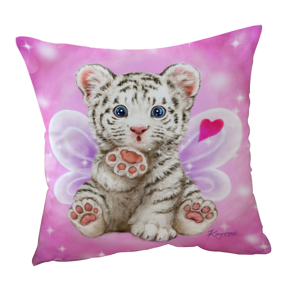 Throwing a Kiss Adorable White Tiger Cub Fairy Throw Pillow