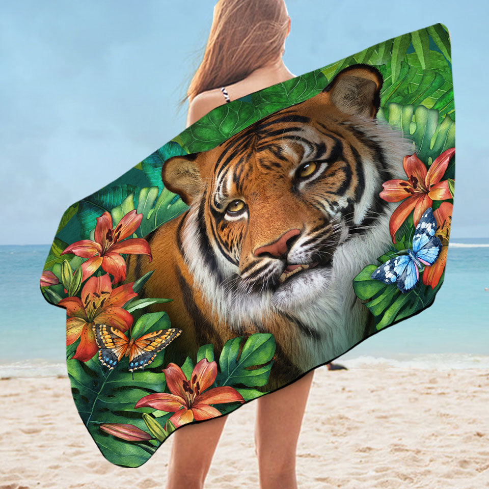 Tiger Beach Towels Tropical Flowers and Animals Wild Tiger Lily