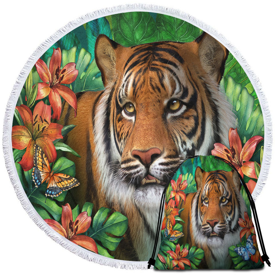 Tiger Circle Beach Towel Tropical Flowers and Animals Wild Tiger Lily
