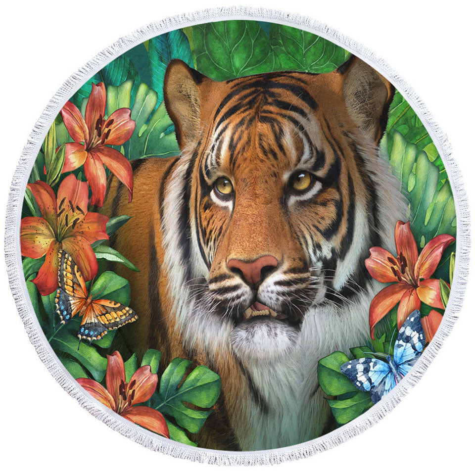 Tiger Round Beach Towel Tropical Flowers and Animals Wild Tiger Lily