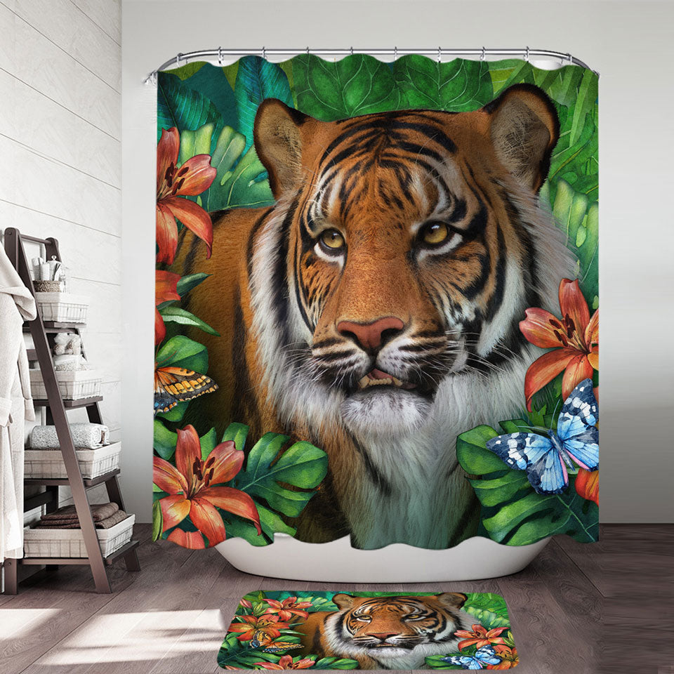 Tiger Shower Curtains Tropical Flowers and Animals Wild Tiger Lily