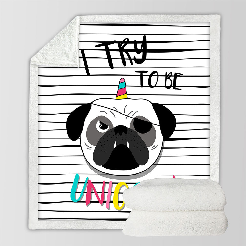 Tough Unicorn Pug Funny Sherpa Blankets for Cool Home