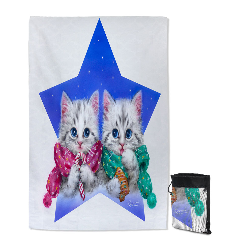 Travel Beach Towel Christmas Star with Two Cute Grey Kittens