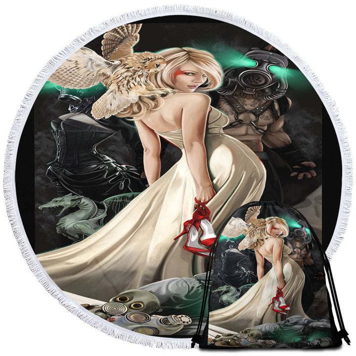 Travel Beach Towel Fiction Art Beautiful Blond Girl and Owl