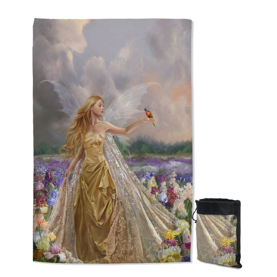 Travel Beach Towel for Girls Flower Field and the Beautiful Blonde Fairy