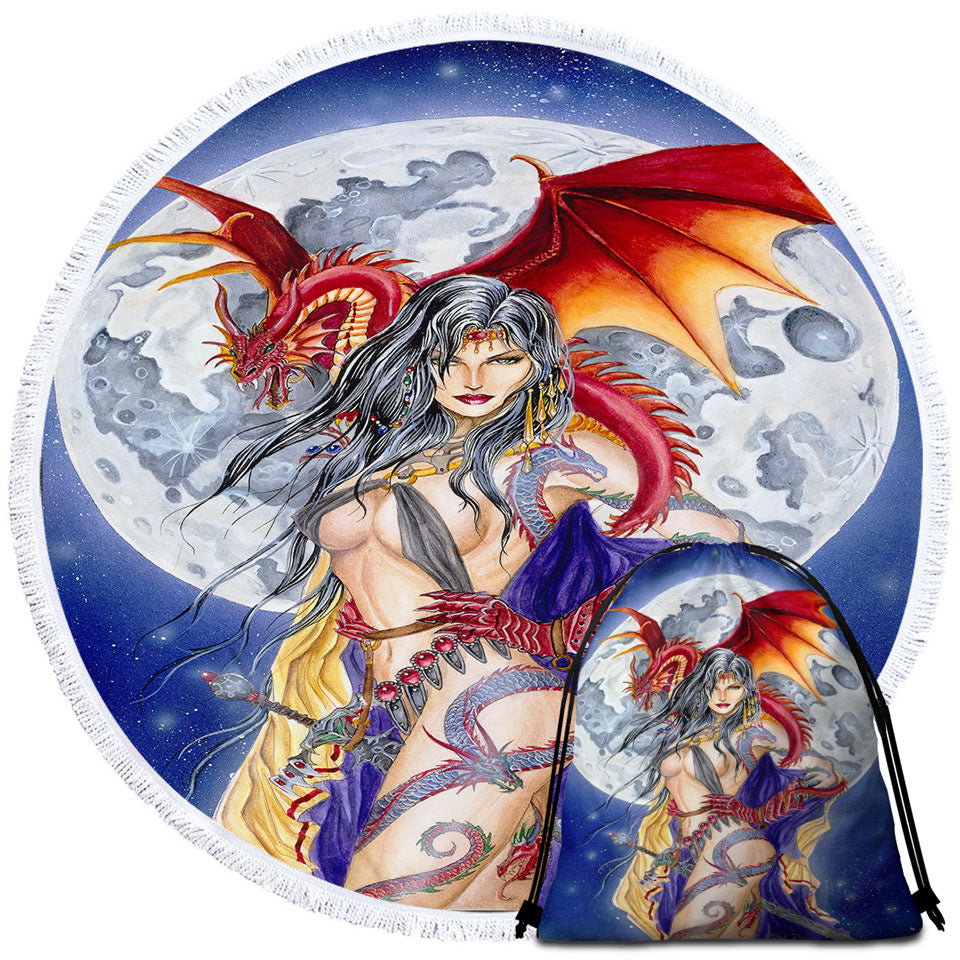 Travel Beach Towel for Men Cool Fantasy Art Sexy Warrior Lady and Her Moon Dragon