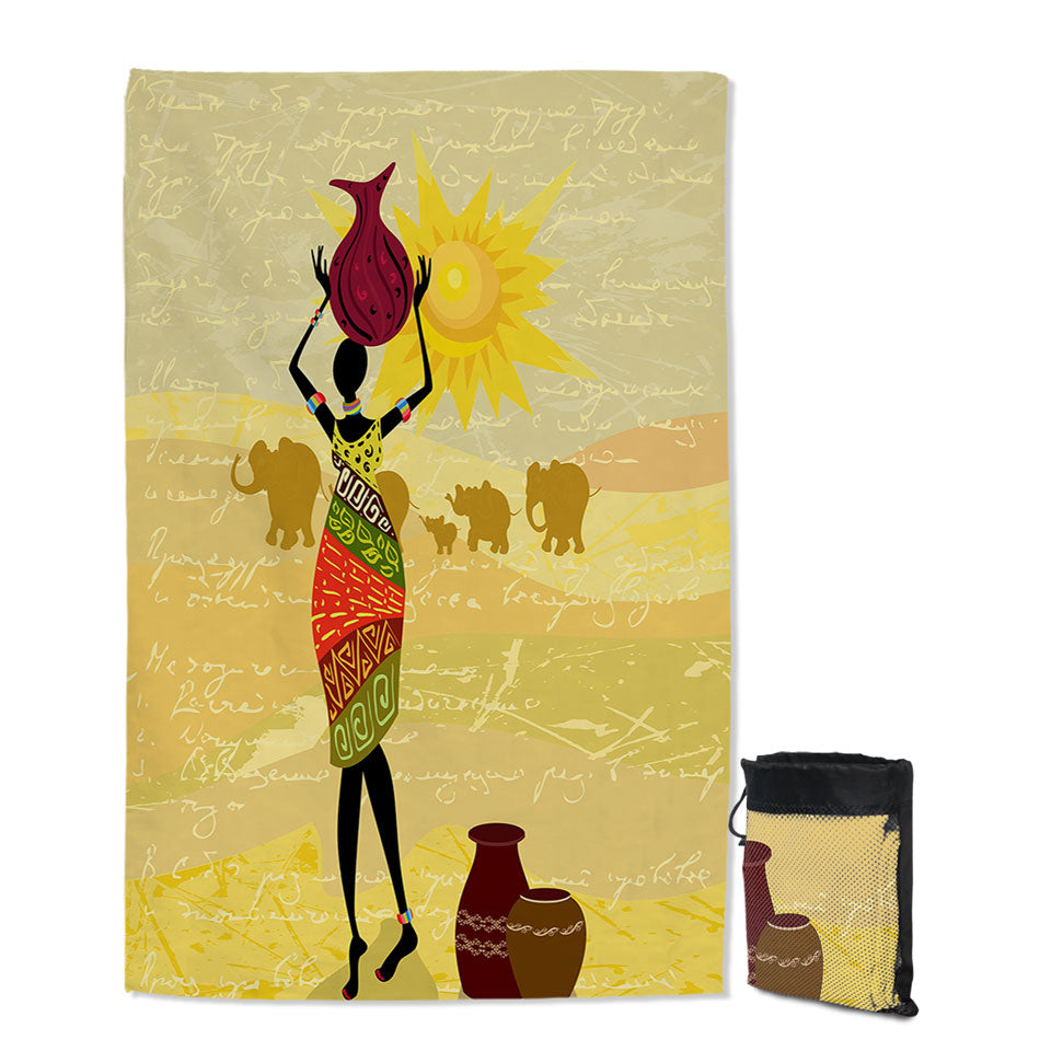 Travel Beach Towel of African Woman and an Elephant Parade