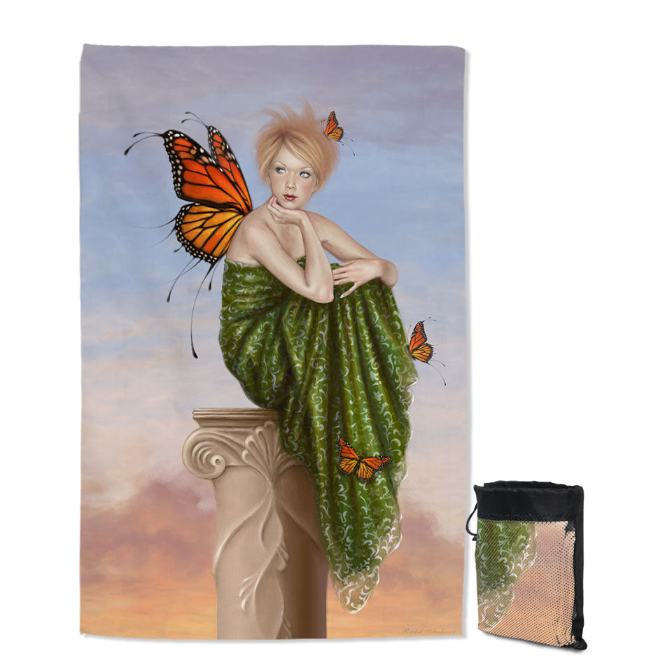 Travel Beach Towel with Art Painting Sunrise Butterfly Girl
