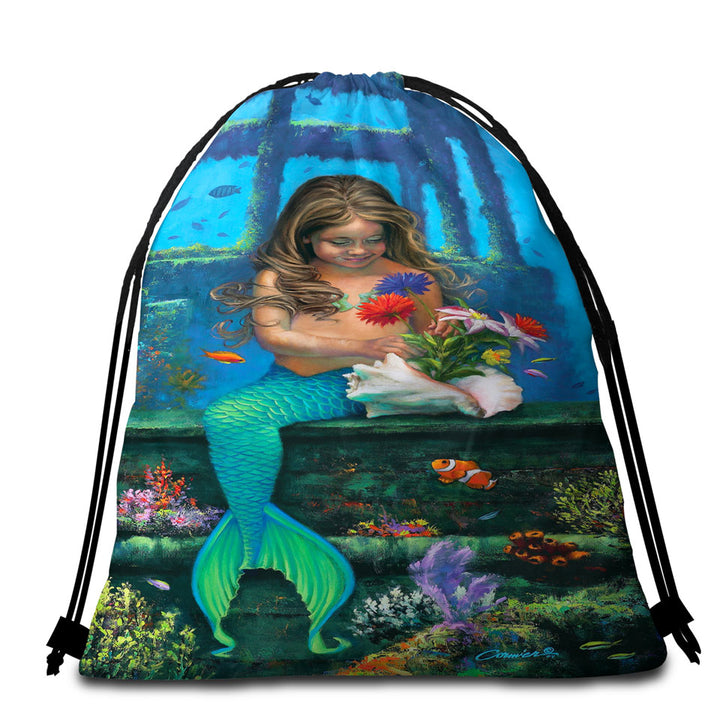Travel Beach Towel with Cute Girl Mermaid and Underwater Flowers