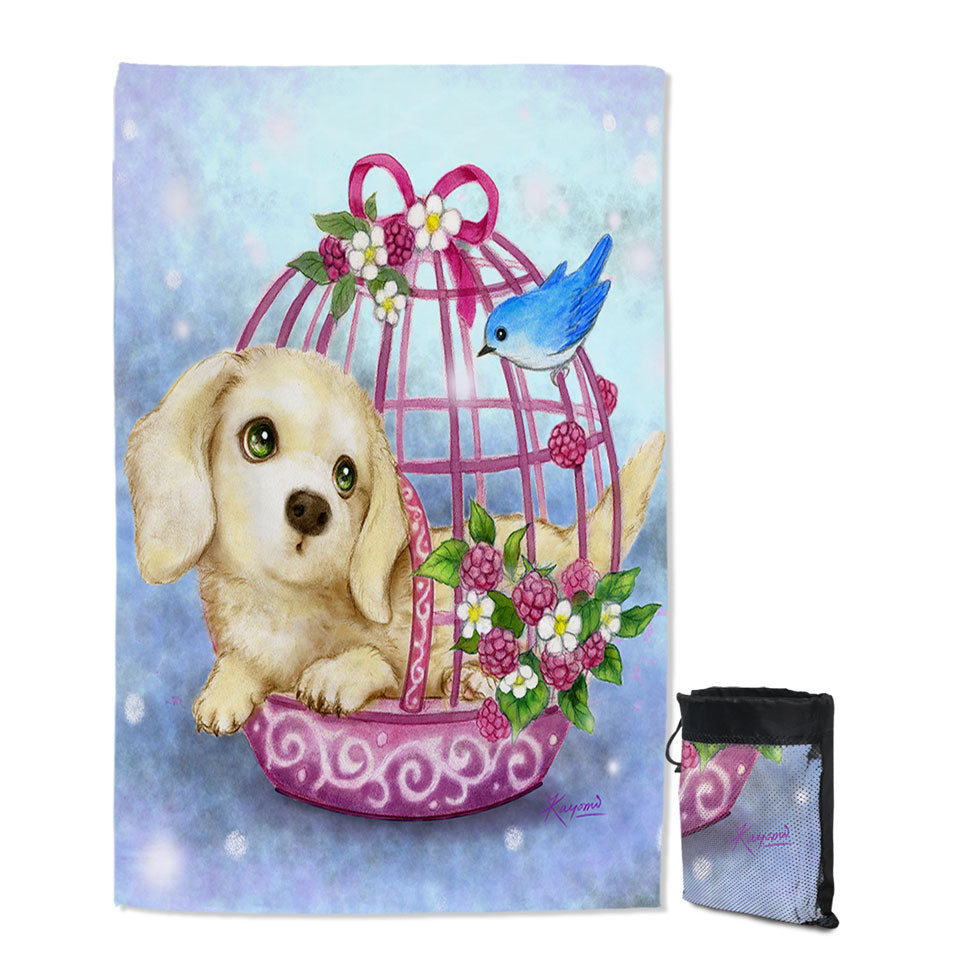 Travel Beach Towel with Dogs Art Cute Dachshund in Bird Cage