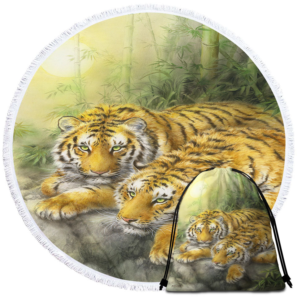 Travel Beach Towel with Wild Animals Art Tigers Forest Morning