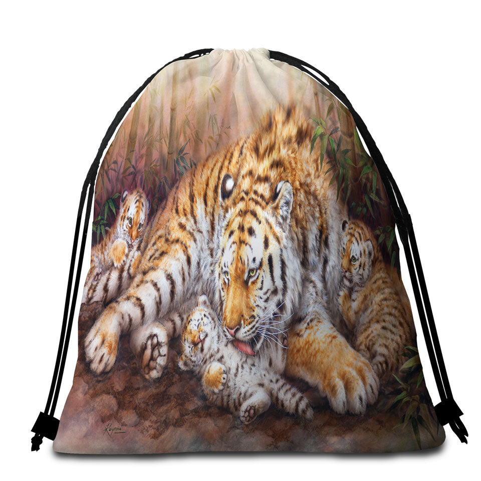 Travel Beach Towel with Wildlife Animal Art Tiger Family in Bamboo Forest