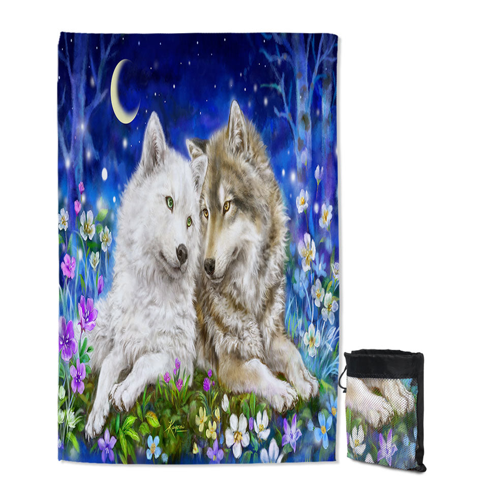 Travel Beach Towel with Wolves Art Design Flowers and Love at Night