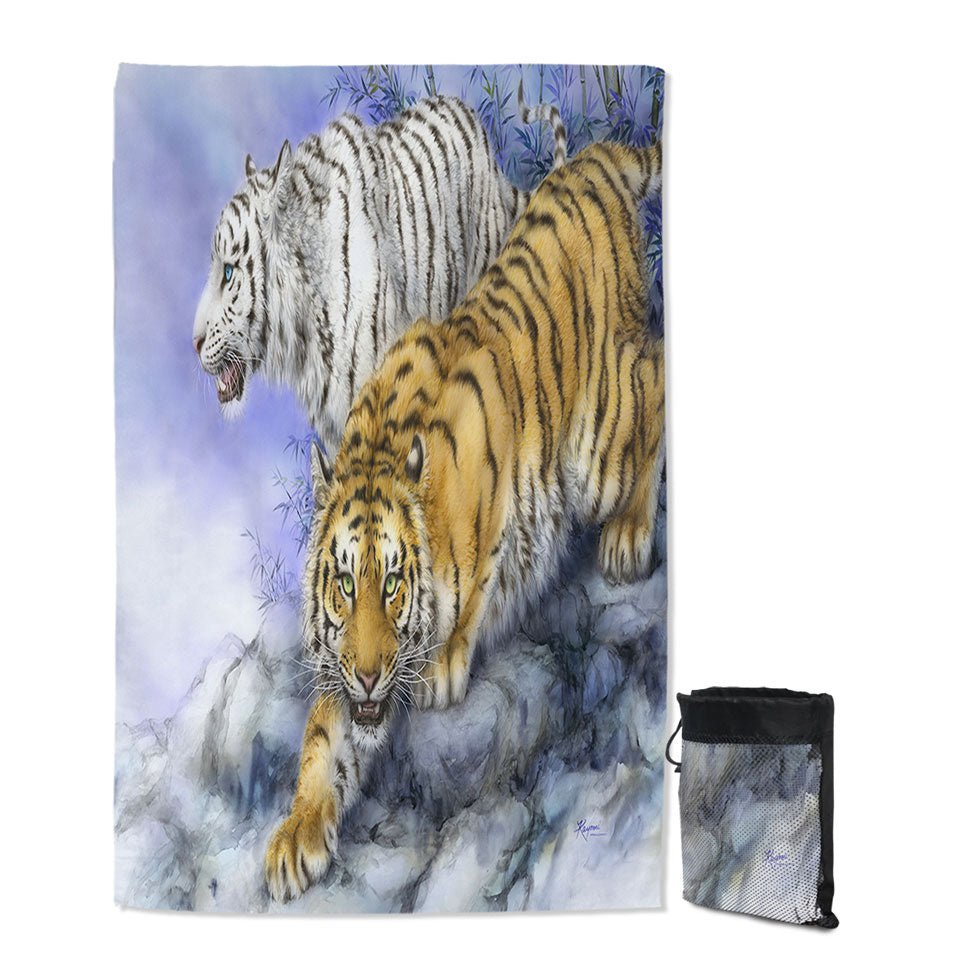 Travel Beach Towels for Men Wild Animal Art White and Orange Tigers