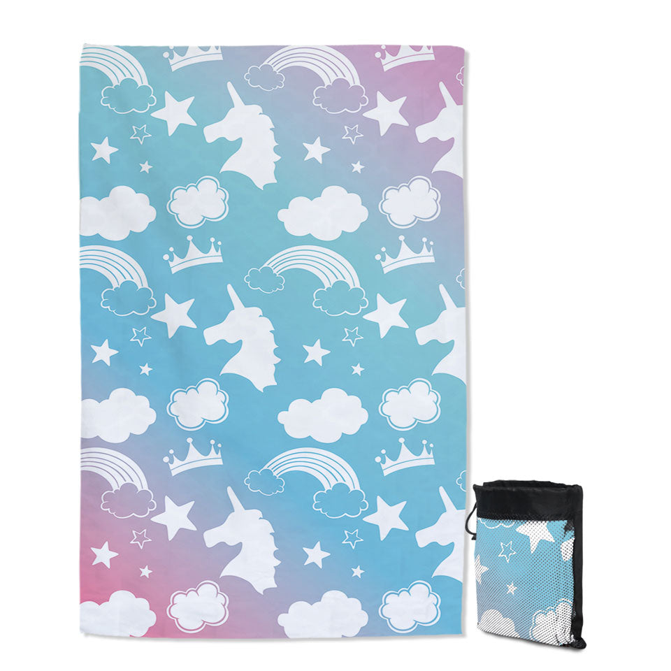 Travel Beach Towels with White Silhouettes Clouds and Unicorns